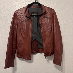NWOT size 4 genuine brown Italian calf leather moto jacket 5 pockets soft $385!